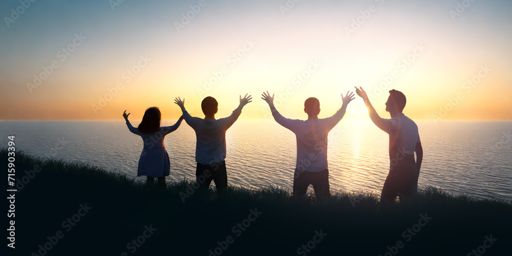 Silhouette of group of close friends standing with their hands raised at the edge of a cliff, by the sea and the beautiful sun on a summer evening of vacation. illustration, bonding, travel, team