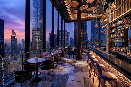 Elegant rooftop bar at dusk, overlooking a bustling city with other skyscrapers photo