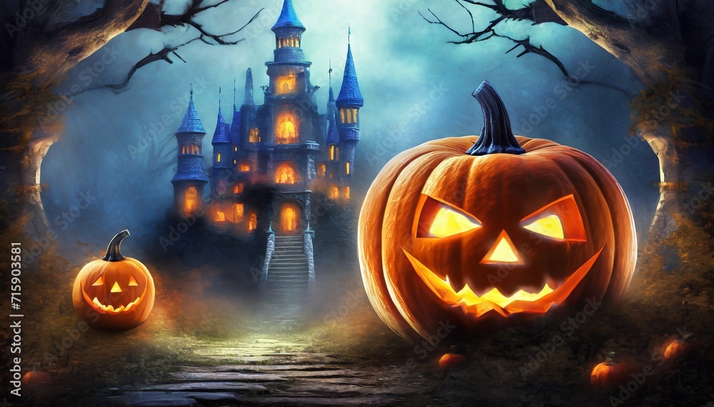 Naklejka premium a dark castle in a dark forest with a halloween pumpkin as a lantern 