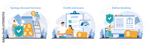 Core Banking Service trio. Navigating savings growth, loan processes, and online banking activities. Enabling financial empowerment with ease. Flat vector illustration. photo