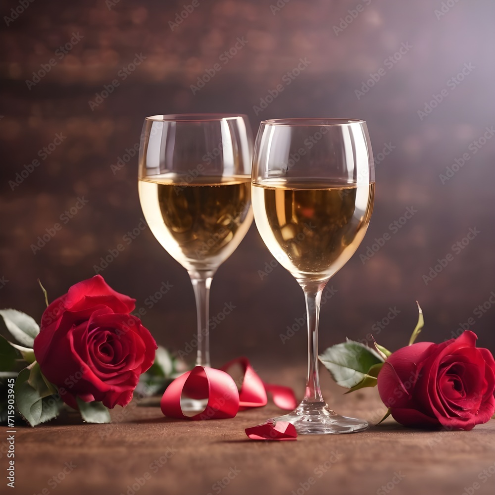 Two elegant wine glasses and rose heart background valentine's day holiday background Two elegant wine glasses and rose heart background valentine's day holiday background