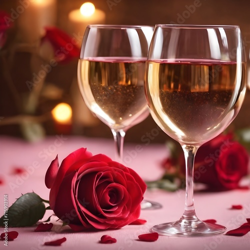 Two elegant wine glasses and rose heart background valentine's day holiday background