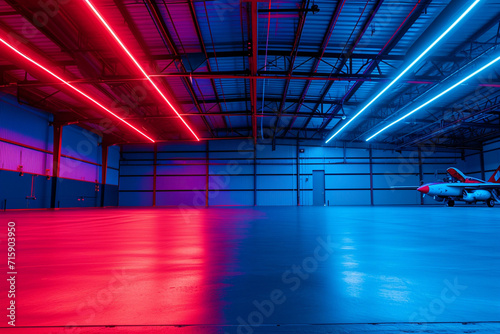 Interior photo of an airplane hangar  blue and red color palette  neon lights