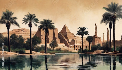 Illustrated fantasy egypt on the nile river