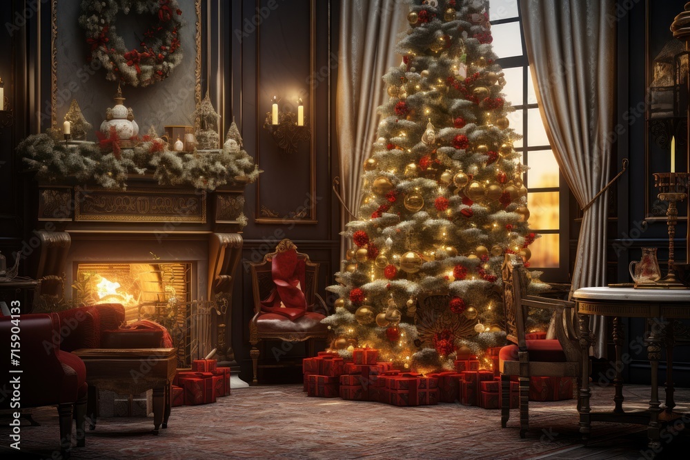  a decorated christmas tree in a living room with a fire place in the corner and a christmas wreath on the wall.