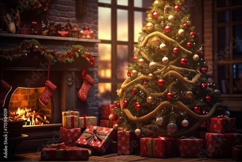  a christmas tree surrounded by presents in front of a fire place with a christmas tree in the corner of the room.