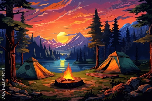  a painting of a camp site at night with a campfire in the foreground and a lake in the background.