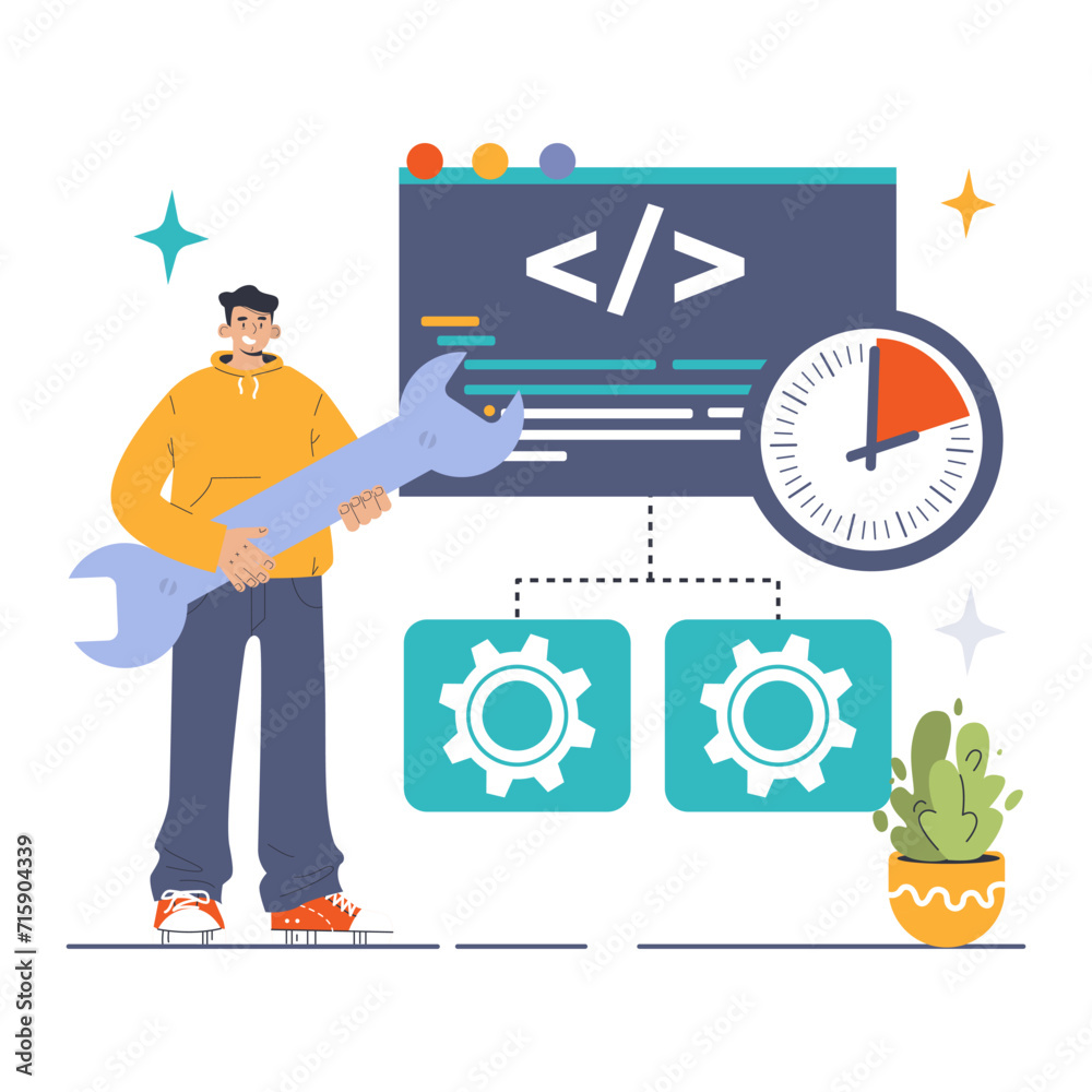 Fototapeta premium Software testing. Code testing and debugging. IT specialist searching for bugs using functional methods. Website and application development. Flat vector illustration
