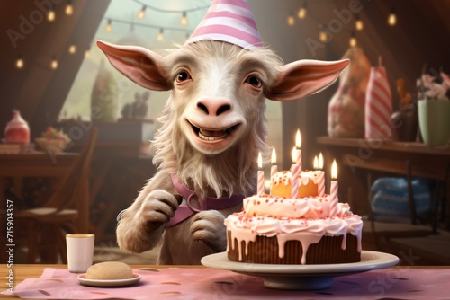 a goat with a birthday hat standing in front of a cake with lit candles on it and a cup of coffee in front of it. photo