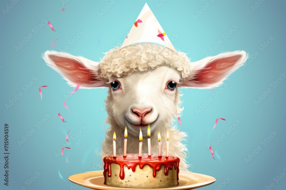 a sheep wearing a party hat and blowing out candles on a cake with a birthday cake in front of it.