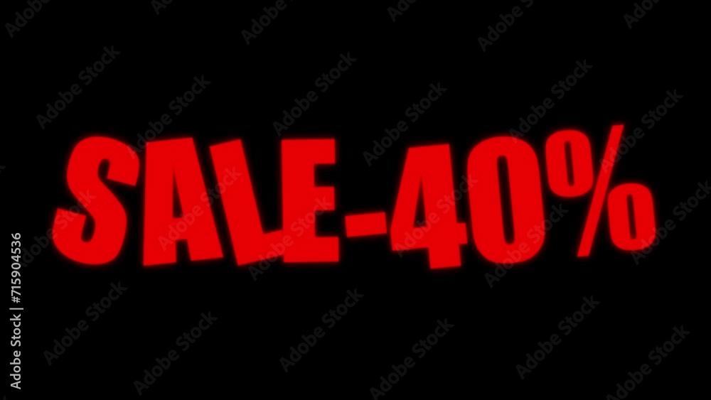Animated Red 'SALE 40 Percent Off' Text on Black Background. Discount 40% Marketing and Advertising Animation. 40 Percent Big Promotion Concept. Animated Red 'SALE 40 Percent Off' Text on Black Background. Discount 40% Marketing and Advertising Animation. 40 Percent Big Promotion Concept.