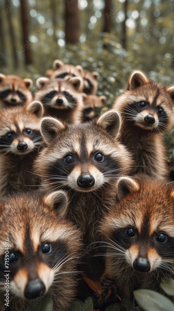 Obraz premium A group of raccoons standing in a forest