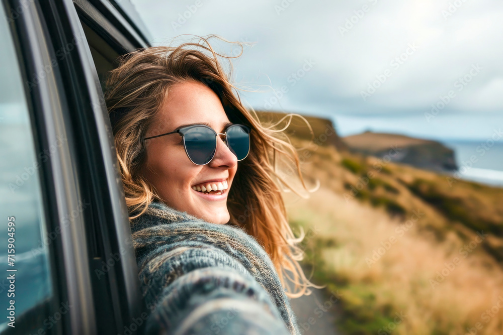 Happy woman traveling opens window to breathe fresh air of nature, Female enjoy travel in outdoor lifestyle activity on road trip vacation Happy woman traveling opens window to breathe fresh air of nature, Female enjoy travel in outdoor lifestyle activity on road trip vacation