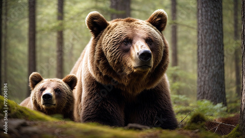 brown bear with her cub in the forest