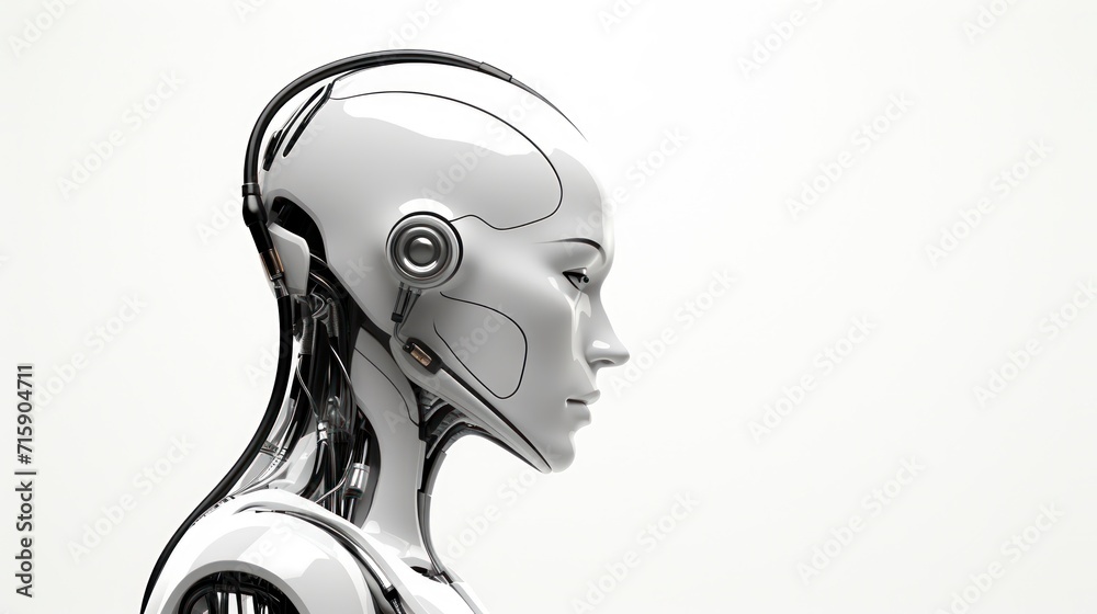 Humanoid robot on white background with blank space for text