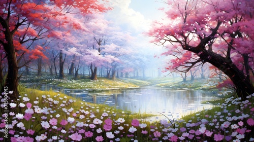 "Serene Meadow Adorned with Blossoming Petals, Nature's Symphony Unfolds."