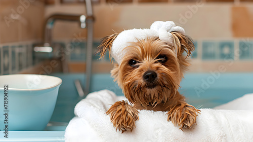 Happy dog in the bathroom with shampoo on your head