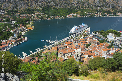 Top view of the Bay of Kotor and the old town. Europe. Montenegro