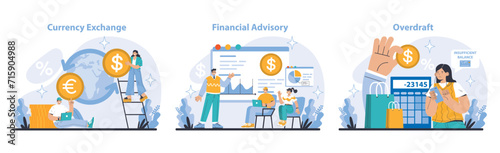 Expanded and specialized banking services set. Seamless currency exchange, expert advisory, and overdraft solutions. Navigating financial challenges with ease. Flat vector illustration. photo