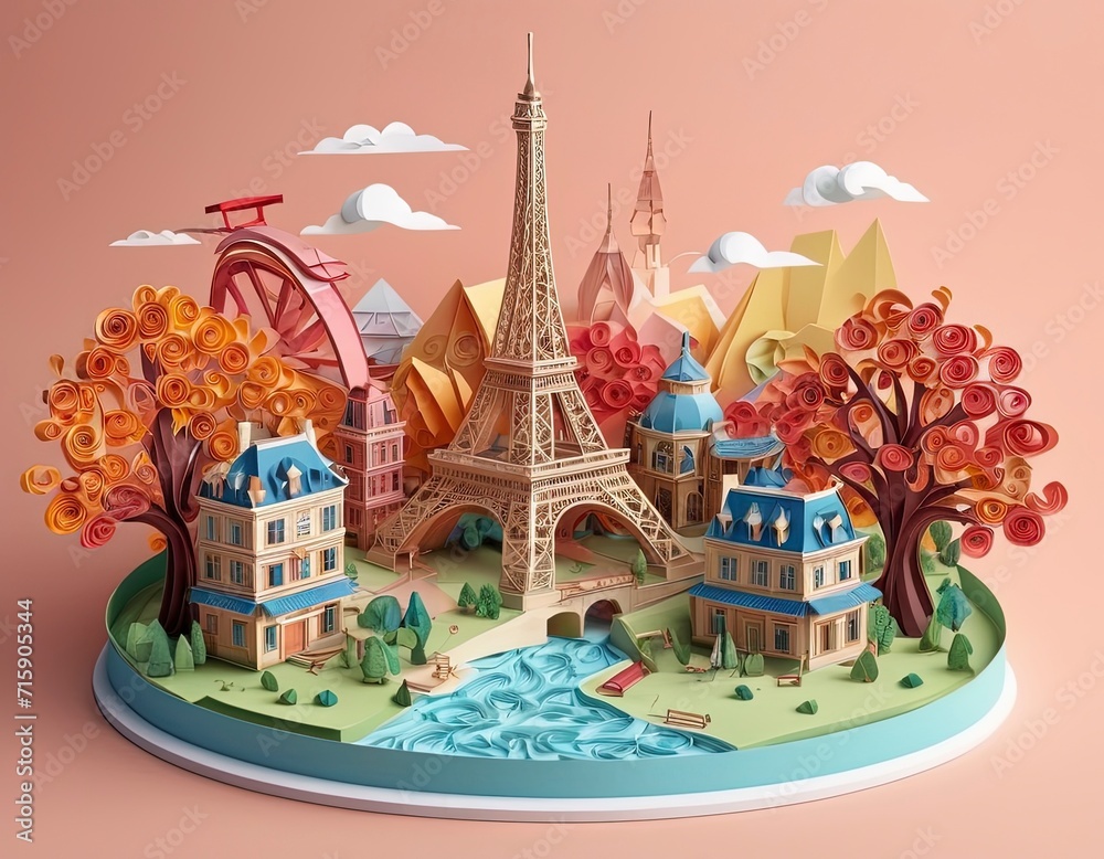Paper cut style Paris city, Eiffel Tower origami, pastel peach color background, vector illustration. Good for postcards, poster and canvas. Generative AI