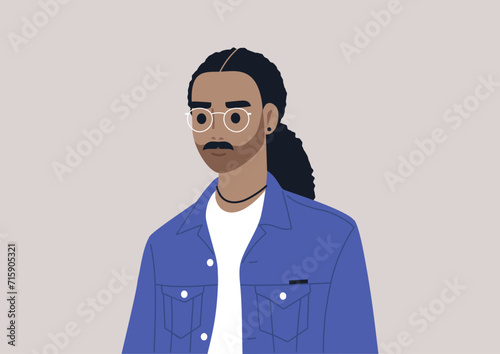 A young middle eastern male character with long hair and eyeglasses