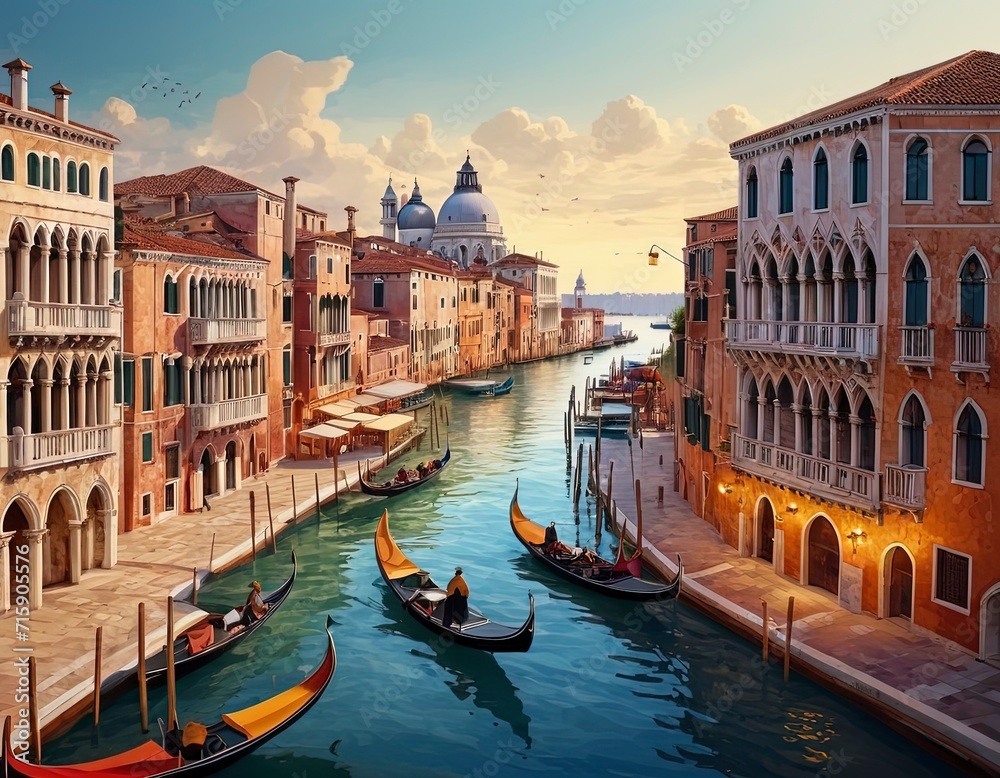 Venice city colorful 3d graphics, night, full moon, Great canal, vector illustration, gandola. Good for postcards, poster and canvas. Generative AI