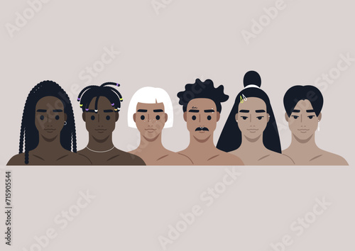A diverse group of people, representing the modern youth, the avatars showcase a range of skin tones and feature the characters adorned with metal accessories, tattoos, and stylish haircuts
