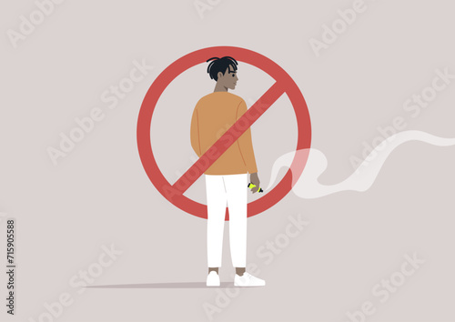 A no electronic cigarette smoking area, a character holding a vape pen in their hand crossed out within a red circle, a cloud of fumes emanating from the gadget
