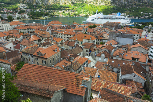 Top view of the Bay of Kotor and the old town. Europe. Montenegro