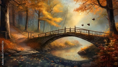 bridge over the river in the autumn season in the magical forest 