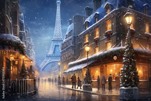  a painting of a christmas scene with the eiffel tower in the background and people walking down the street. © Shanti