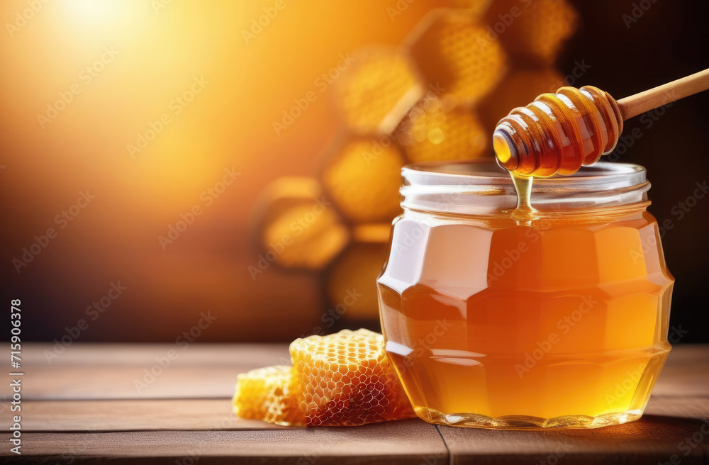 International Honey Day, world Bee Day, glass jar of honey, honeycomb, honey spoon, bokeh background, horizontal banner, place for text