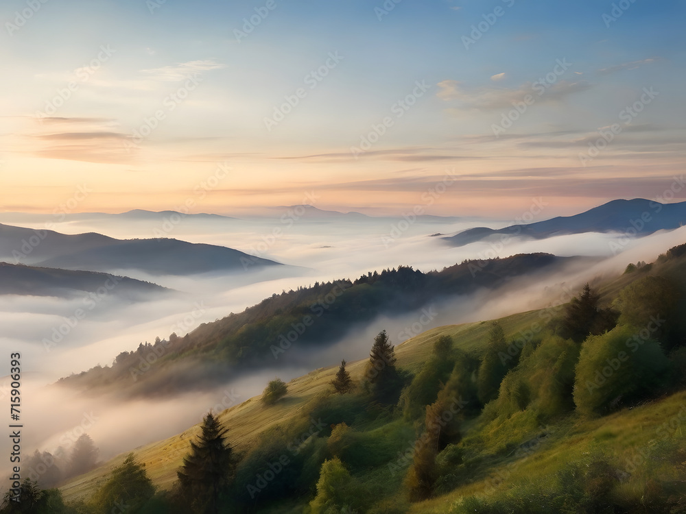 Fototapeta premium Beautiful landscape in the mountains at sunrise. View of foggy hills covered by forest
