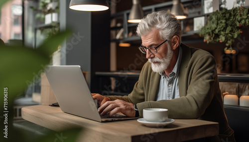 An elderly man with a grey beard is studying on his laptop in a cafe 