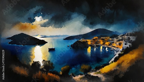 night scenery in the Greek bay 