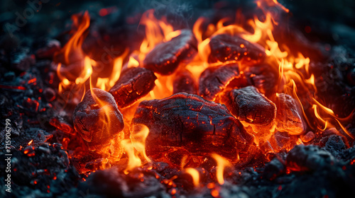 burning lumpy briquette coal as an abstract background. The texture of the fiery coals of a campfire smoldering fire. Close-up, Generative AI