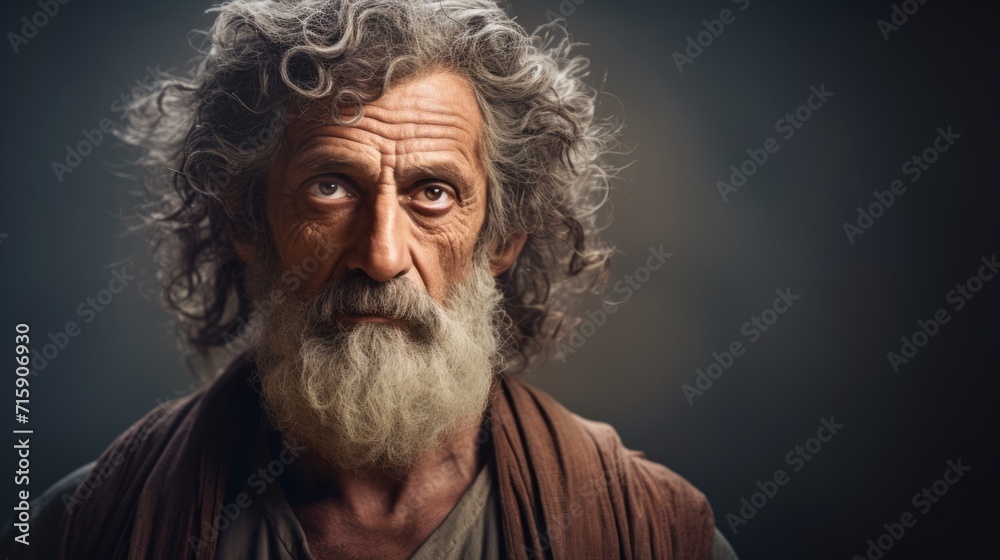 Photorealistic Old Persian Man with Brown Curly Hair retro Illustration. Portrait of a person in ancient aesthetics. Historic movie style Ai Generated Horizontal Illustration.