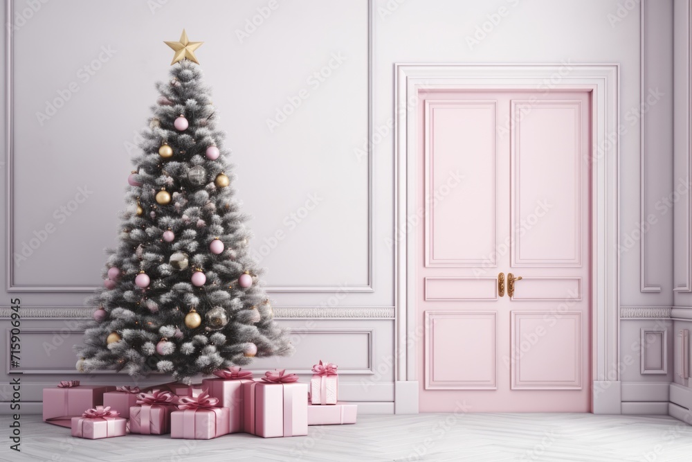 a decorated christmas tree in a room with a pink door and pink and gold presents on the floor next to it. a decorated christmas tree in a room with a pink door and pink and gold presents on the floor next to it.