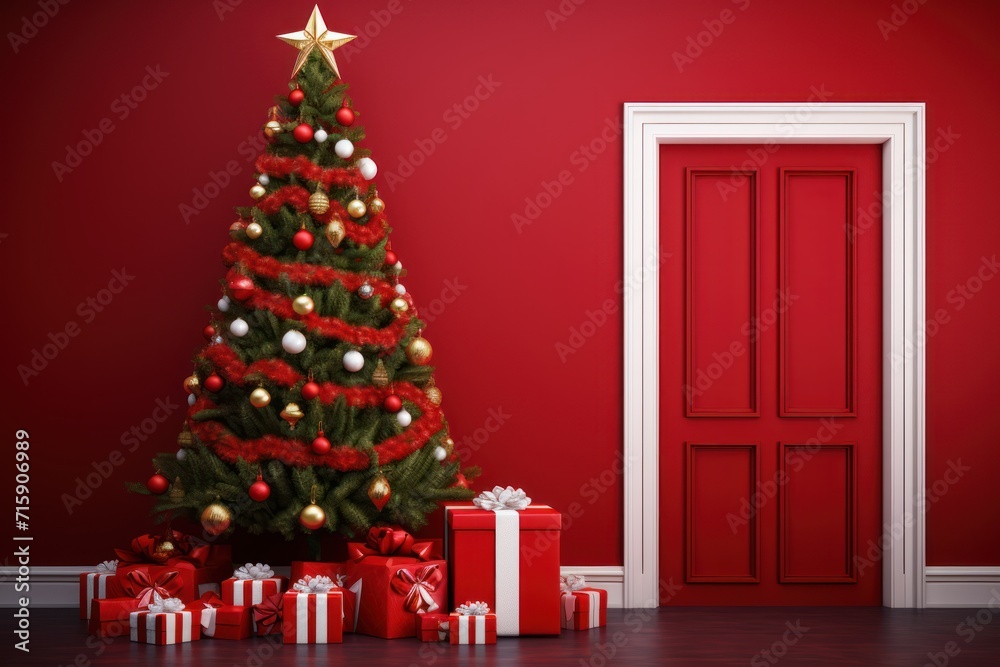 a red room with a christmas tree, presents and a red door with a gold star on top of it. a red room with a christmas tree, presents and a red door with a gold star on top of it.