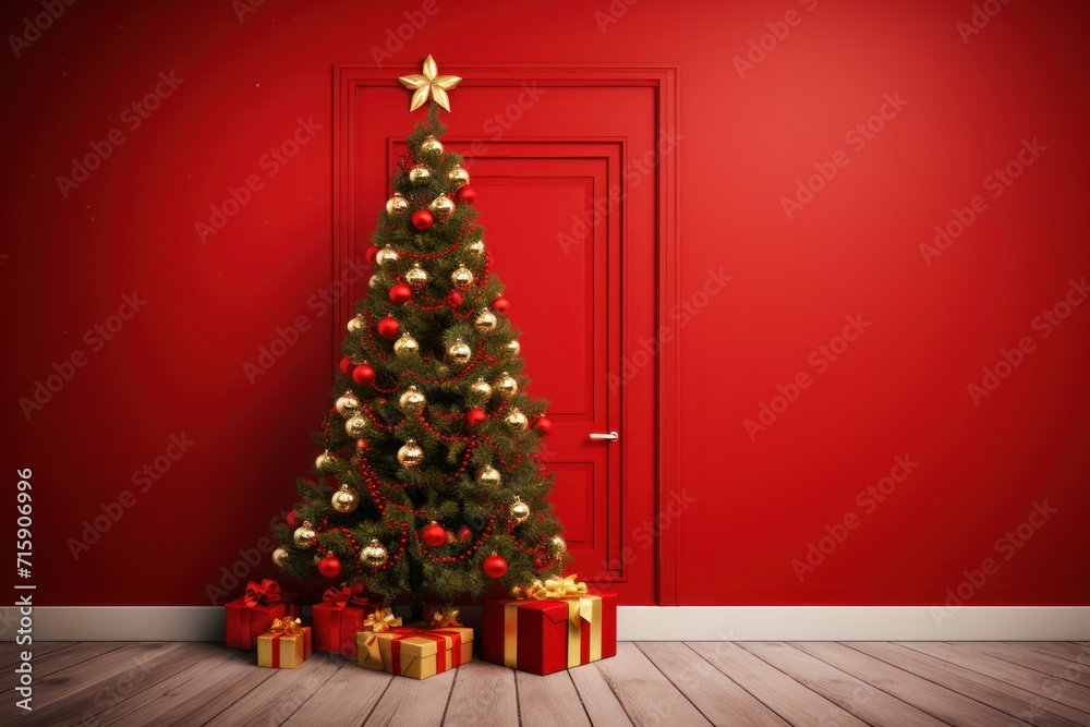 a christmas tree in a room with a red wall and a red door with a gold star on top of it. a christmas tree in a room with a red wall and a red door with a gold star on top of it.