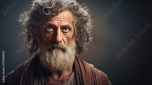 Photorealistic Old Persian Man with Brown Curly Hair retro Illustration. Portrait of a person in ancient aesthetics. Historic movie style Ai Generated Horizontal Illustration.