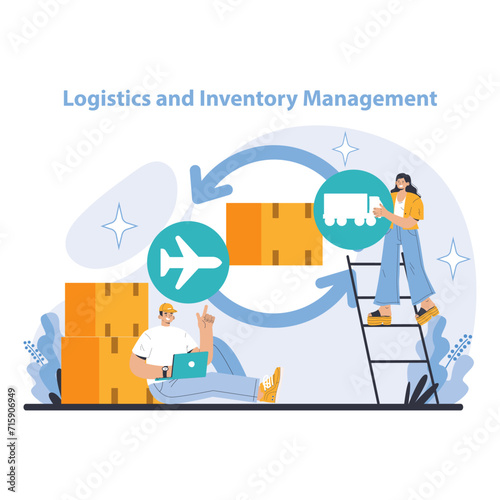 Logistics and Inventory Management concept. Visualizing seamless coordination of storage and transportation in supply chain operations. Features digital tracking and efficient space utilization.