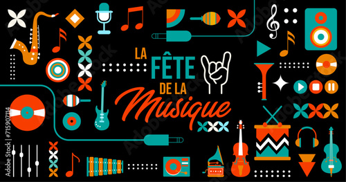Bannière pour célébrer la fête de la musique - Texte et illustrations festifs et colorés - Instruments de musique vectoriels - Fond noir 