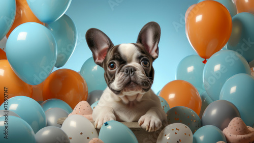 Happy birthday cute french bulldog with colorful balloons in the background © senadesign