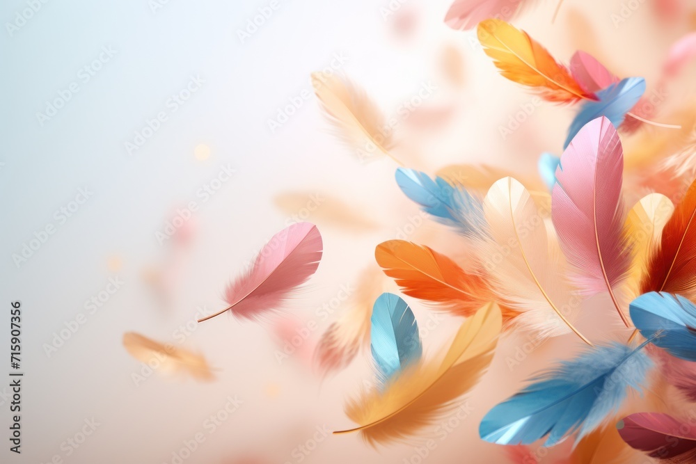  a bunch of colorful feathers flying in the air with a blurry sky in the background and a light blue sky in the background.