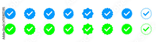 Social media account verification icons, approval check icon isolated, verified badge profile set, Instagram verified badge, blue check mark icon collection, guaranteed signs, profile verified badge
