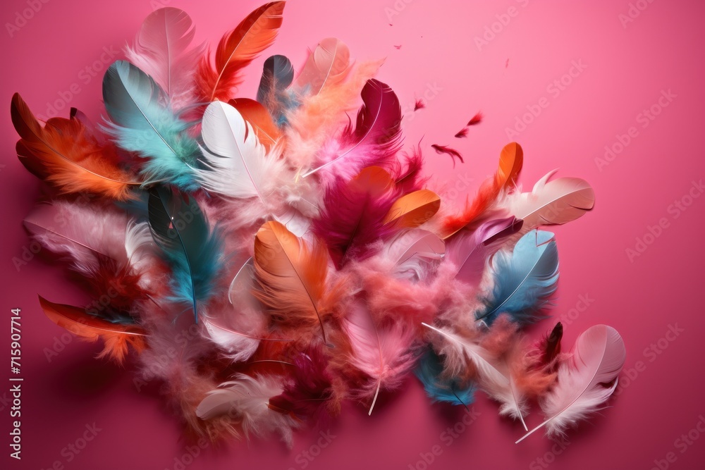  a bunch of different colored feathers on a pink background with a shadow of the feathers on the left side of the frame.