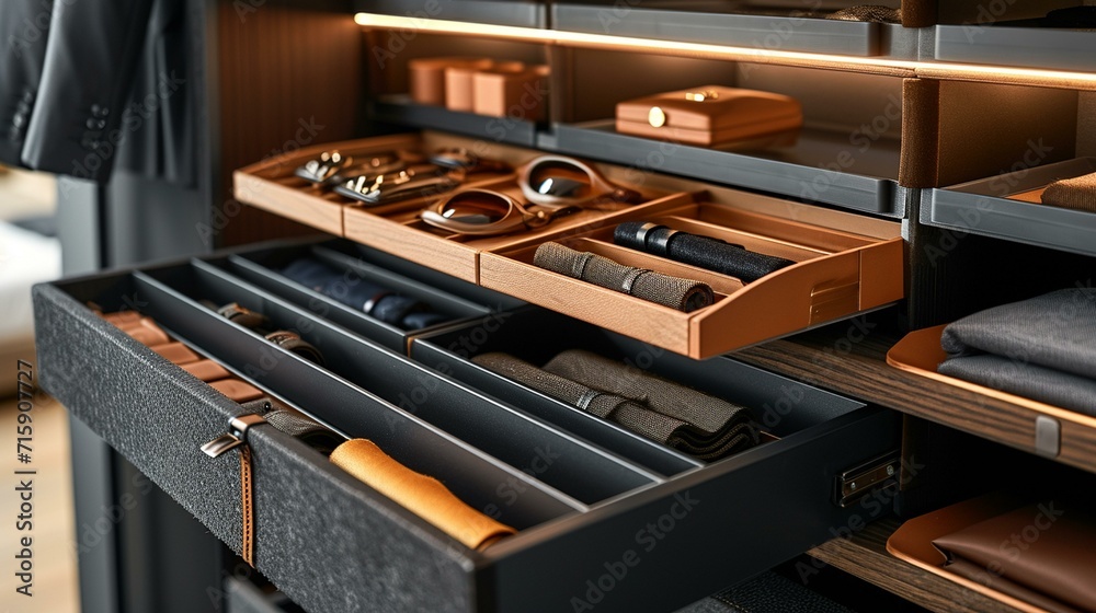 Sliding belt and tie rack integrated into the wardrobe system for efficient accessory organization. [Sliding belt and tie rack for accessory organization Sliding belt and tie rack integrated into the wardrobe system for efficient accessory organization. [Sliding belt and tie rack for accessory organization