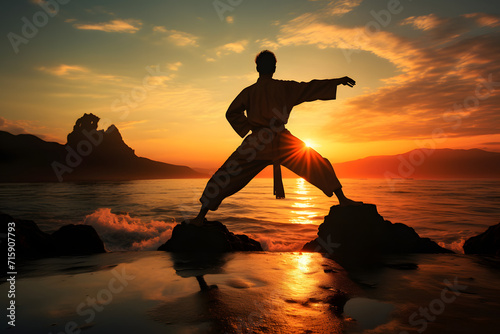 person doing taekwondo at sunset photo