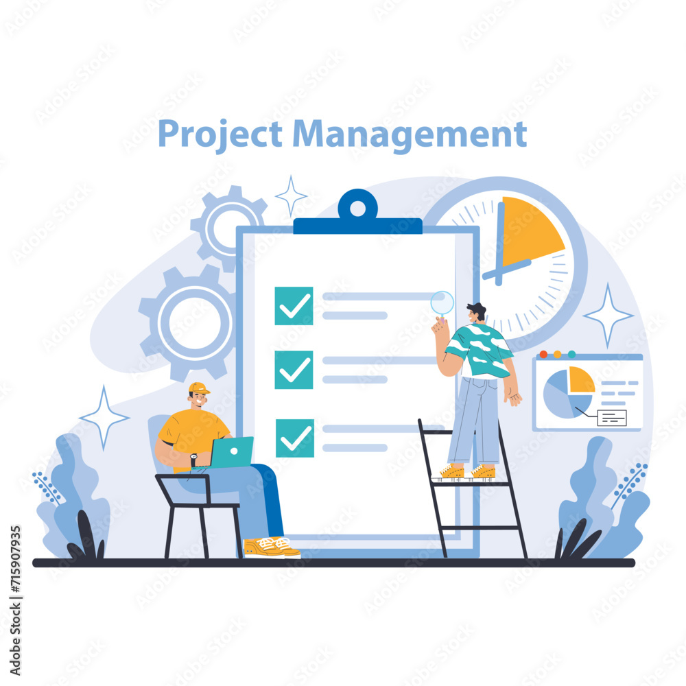 Project Management concept. Illustration of teamwork in action, focusing on task completion, time management, and progress tracking. Collaboration and efficiency in operational processes.